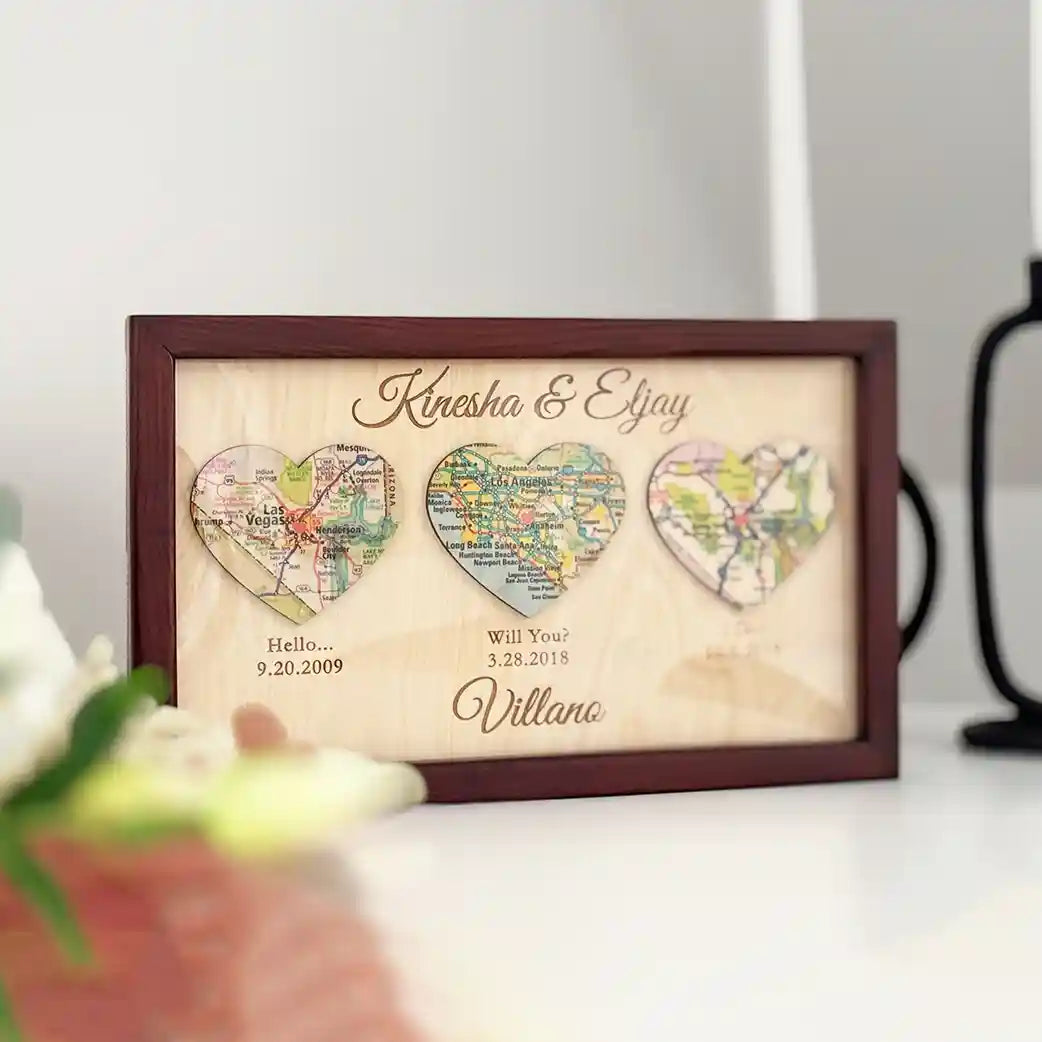 Custom Map Art Wood Decor | Personalized Love Story & World Map Wall ...