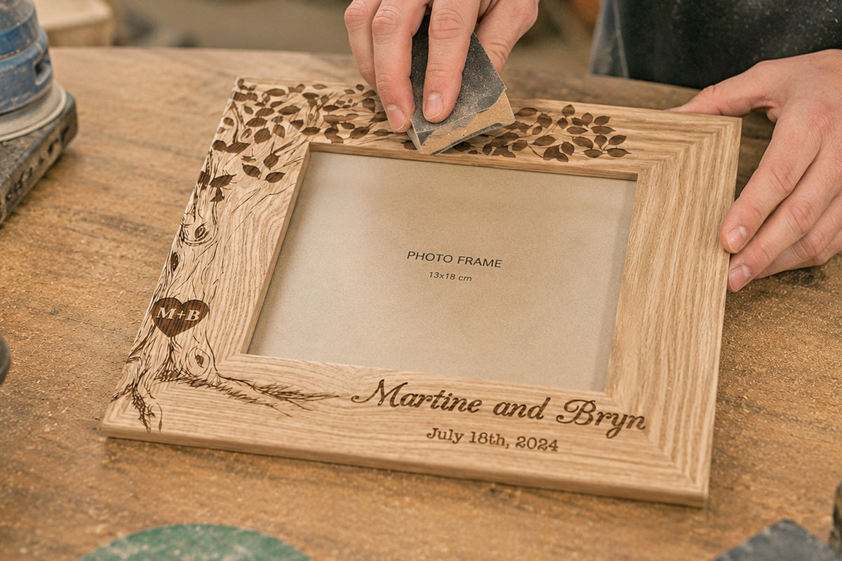 personalized photo frame — from cutting to laser engraving to the final finish.
