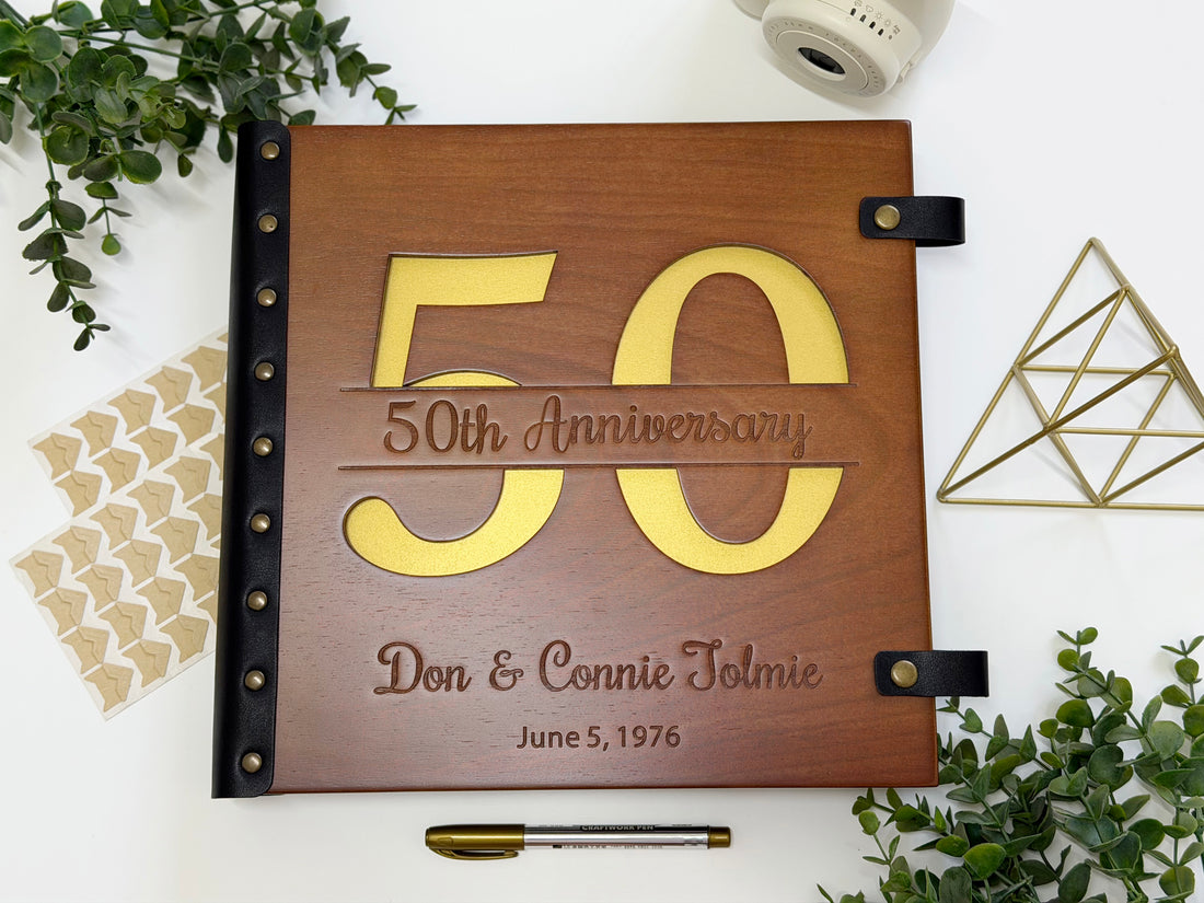 personalized 50th anniversary photo album with cut out number and gold first page