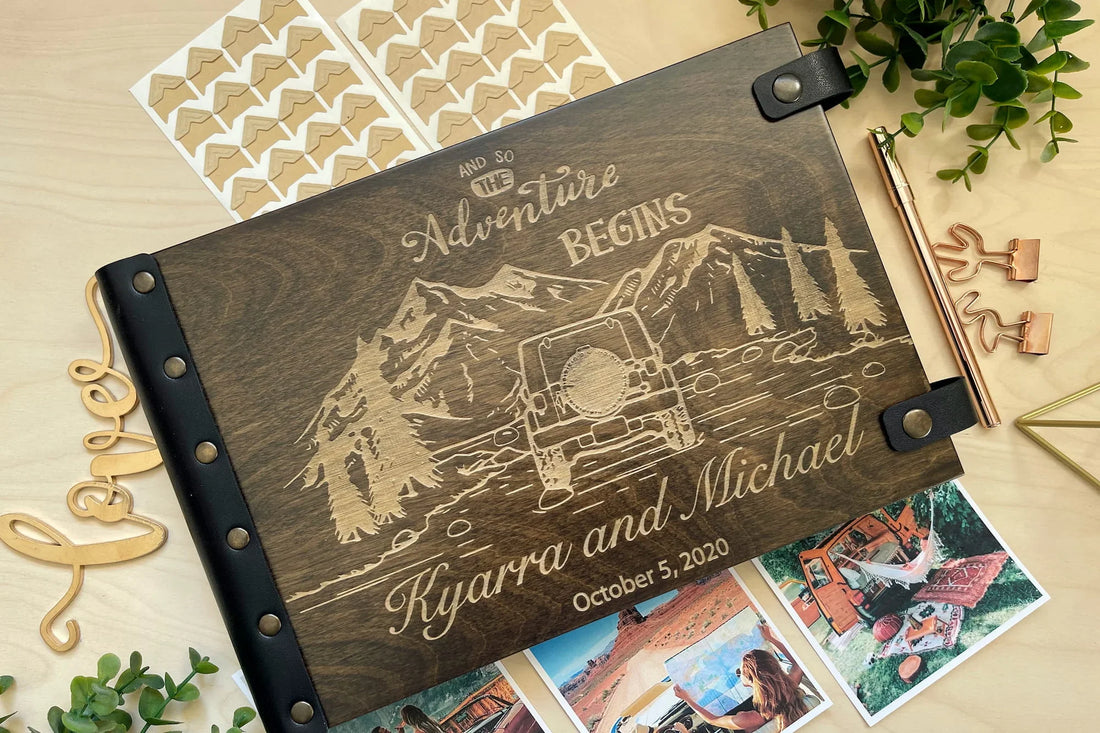Custom wooden travel scrapbook album with Jeep engraving