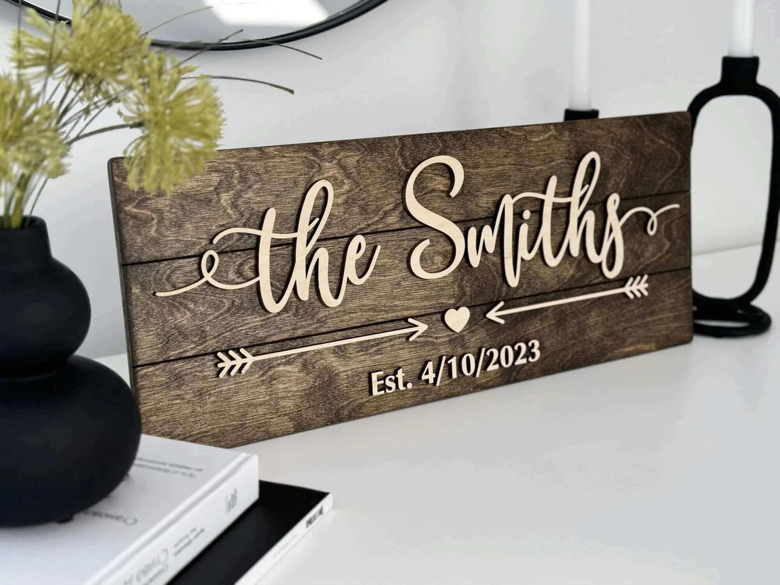 Handcrafted surname sign with raised lettering and Est. on dark wood background