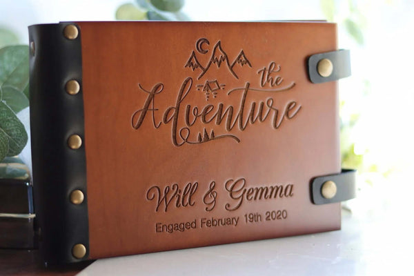 Adventure photo album with personalized engraving for engagement