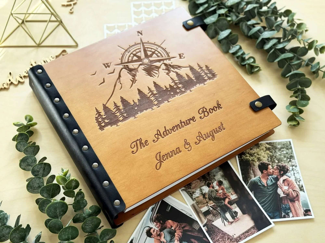 Personalized adventure photo album with engraved compass design