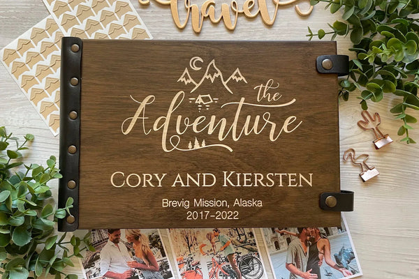 Personalized adventure photo album with engraved names and location