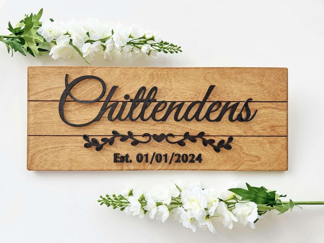 Personalized wooden family name sign with raised 3D lettering and established date
