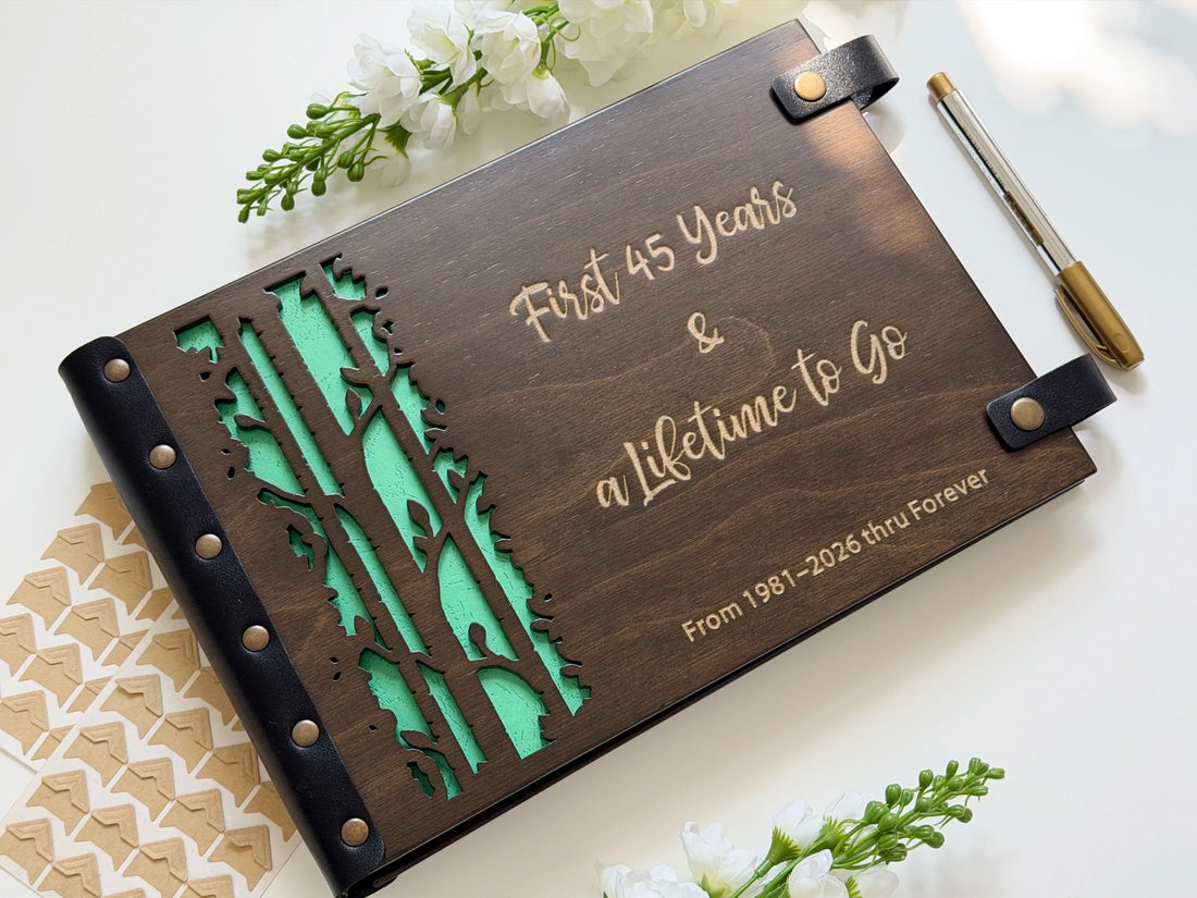 anniversary photo album with laser cut forest and first 45 years engraving