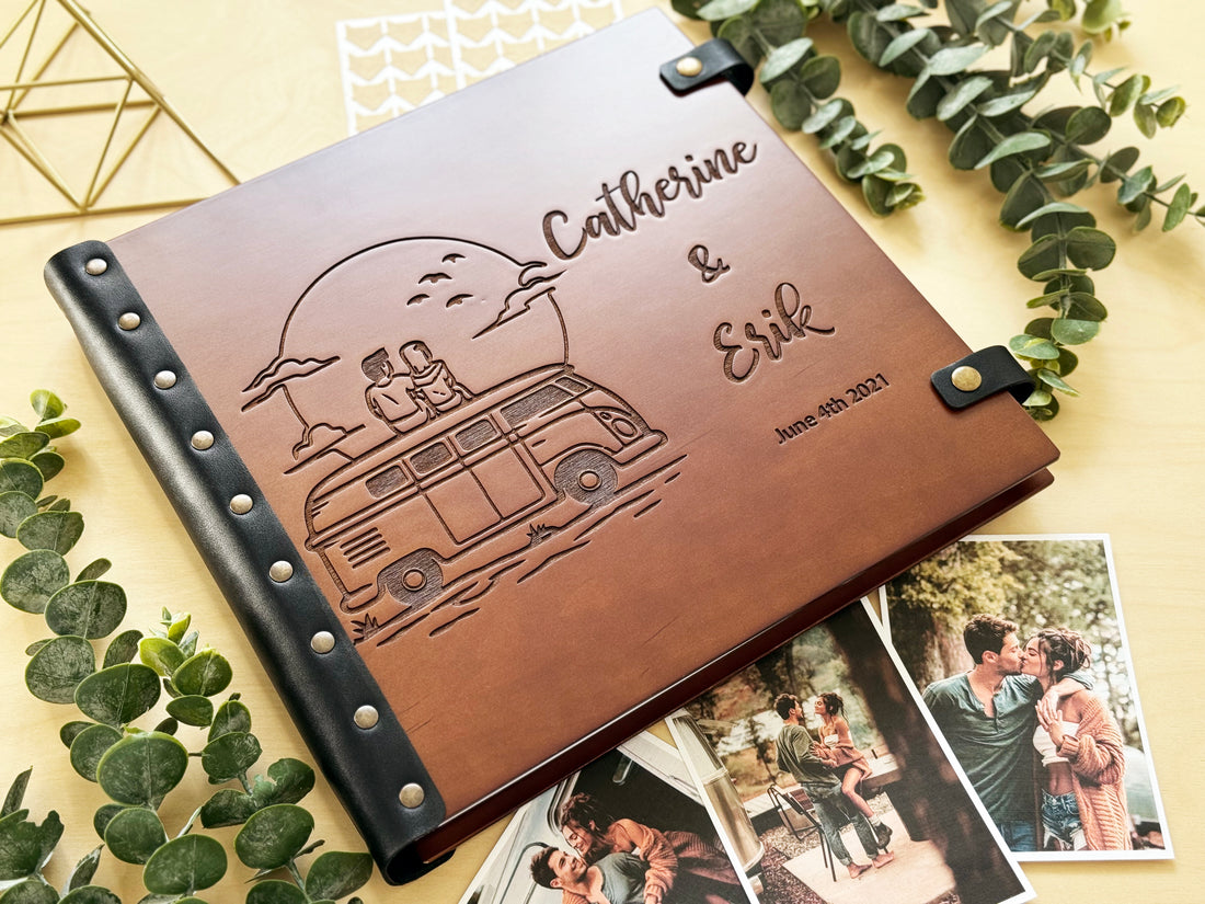 personalized camper van photo album with engraved sunset and names