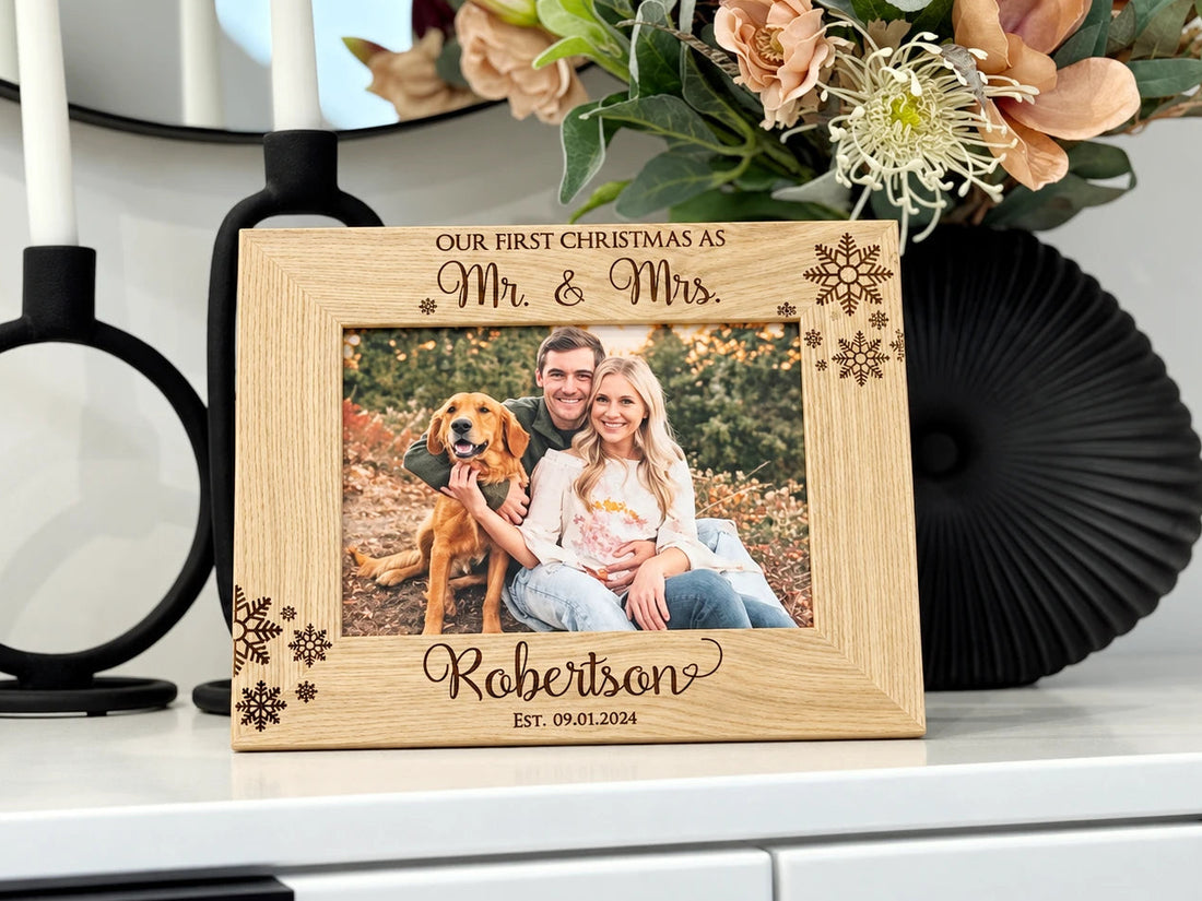 Our First Christmas as Mr and Mrs oak picture frame with engraved last name and date