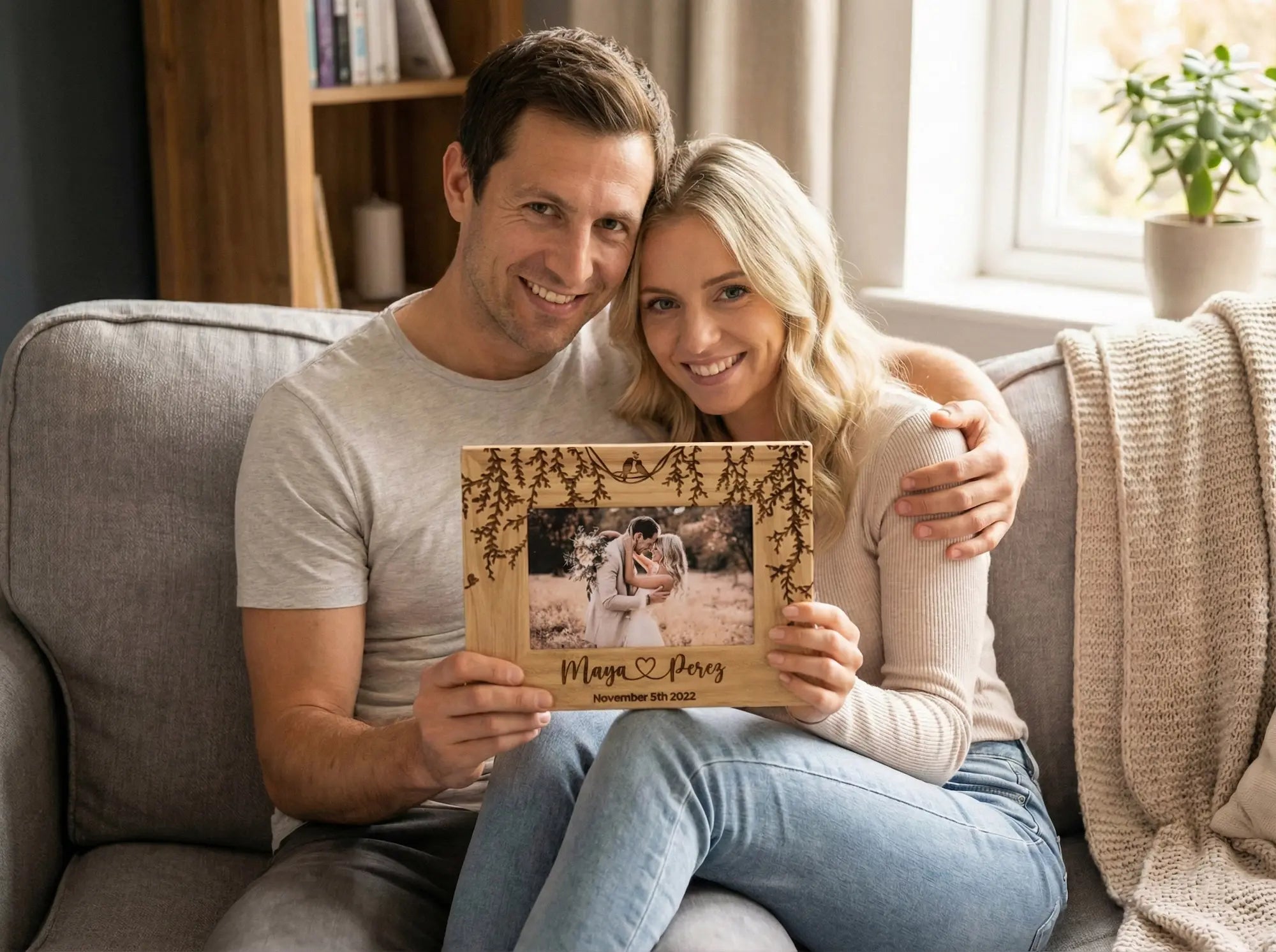 Happy couple sitting on a sofa holding a personalized wooden picture frame with engraved willow tree design and names Maya and Perez.