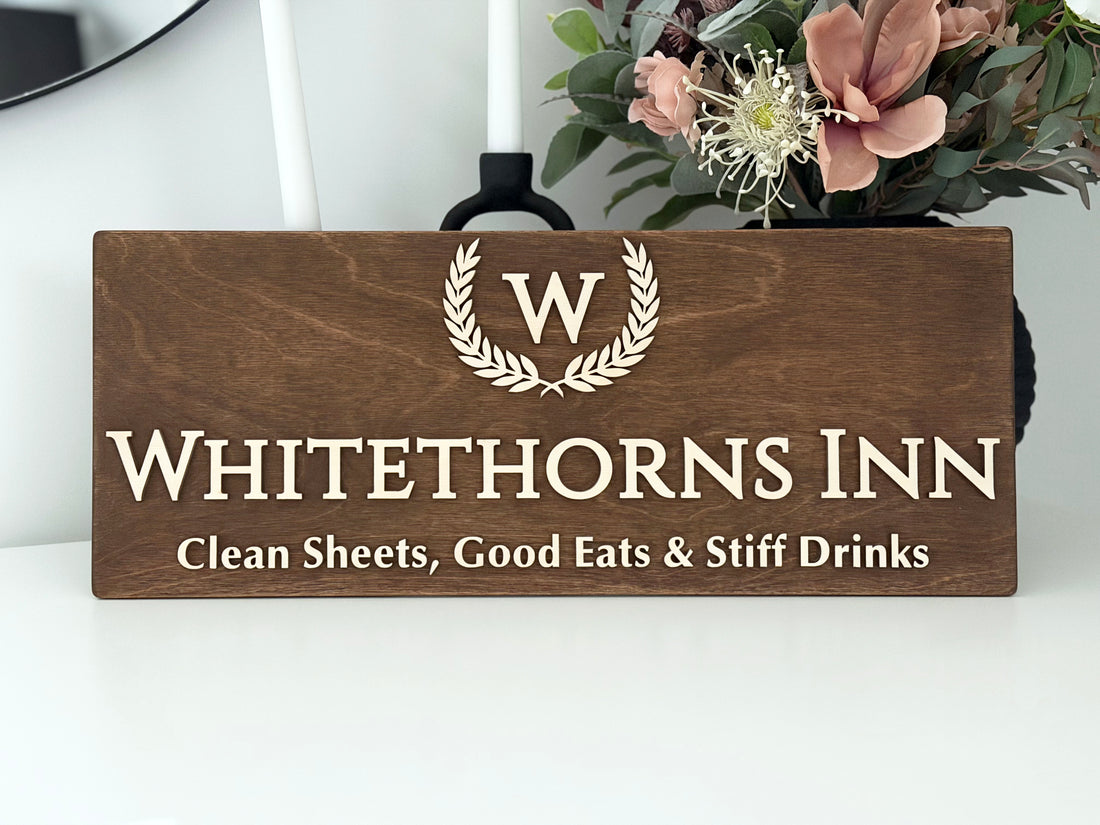 Personalized inn hotel sign with monogram wreath and block letters walnut wood