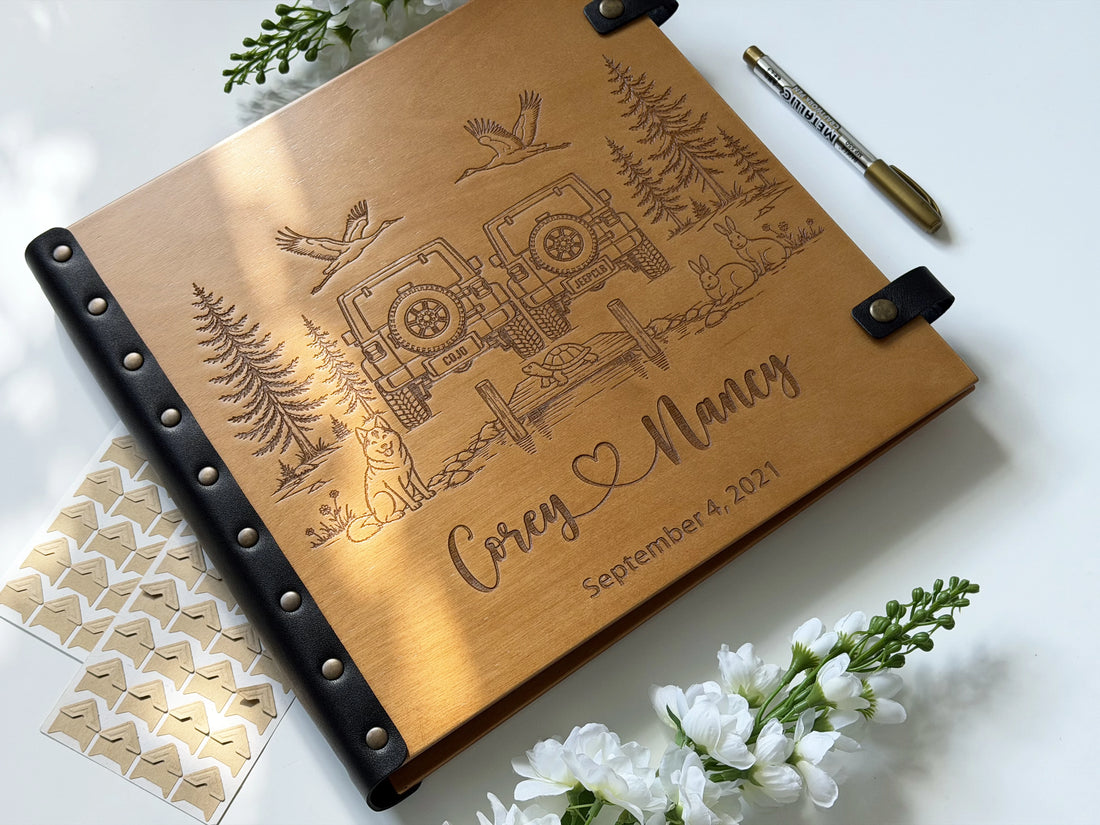Jeep and pets photo album with custom engraved scene in Oak finish