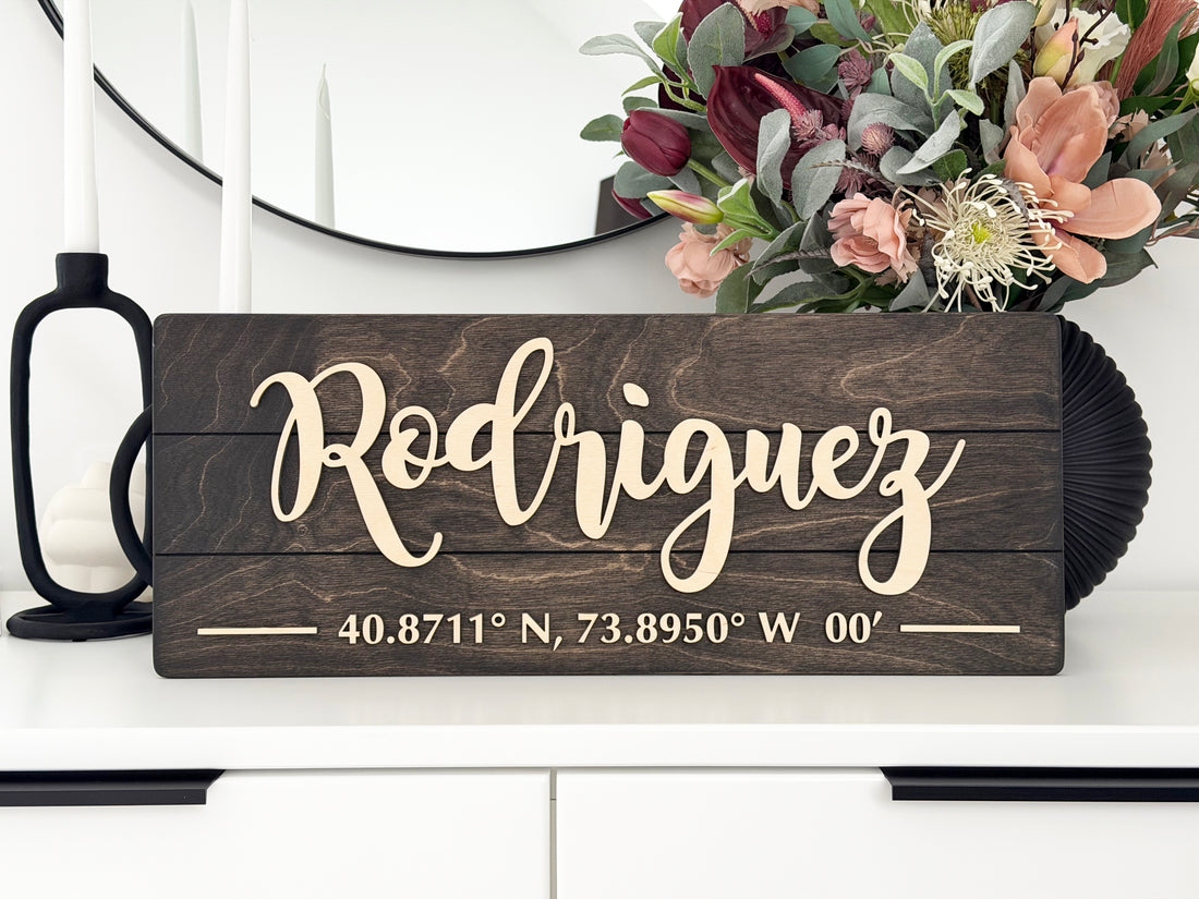 Personalized last name sign with coordinates in dark walnut 3D wood