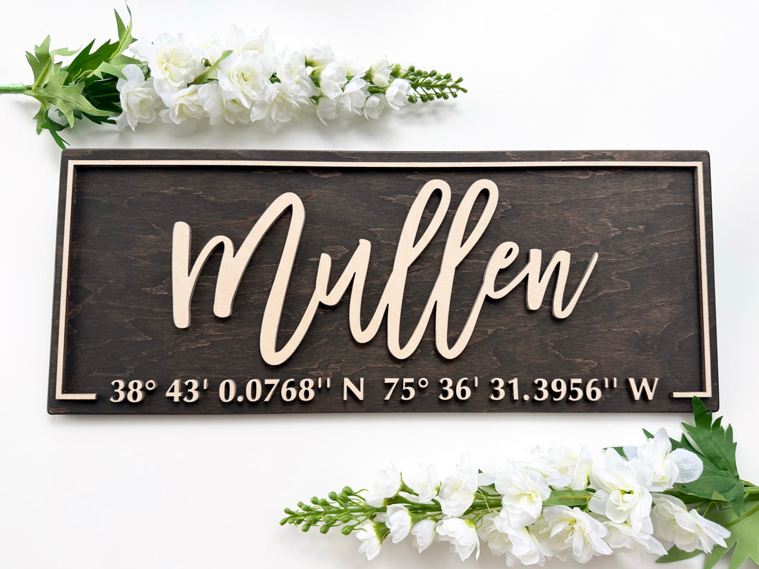 Personalized latitude longitude name sign with border frame dark wood