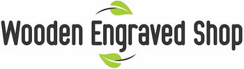 Logo of Wooden Engraved Shop with green leaves on a white background