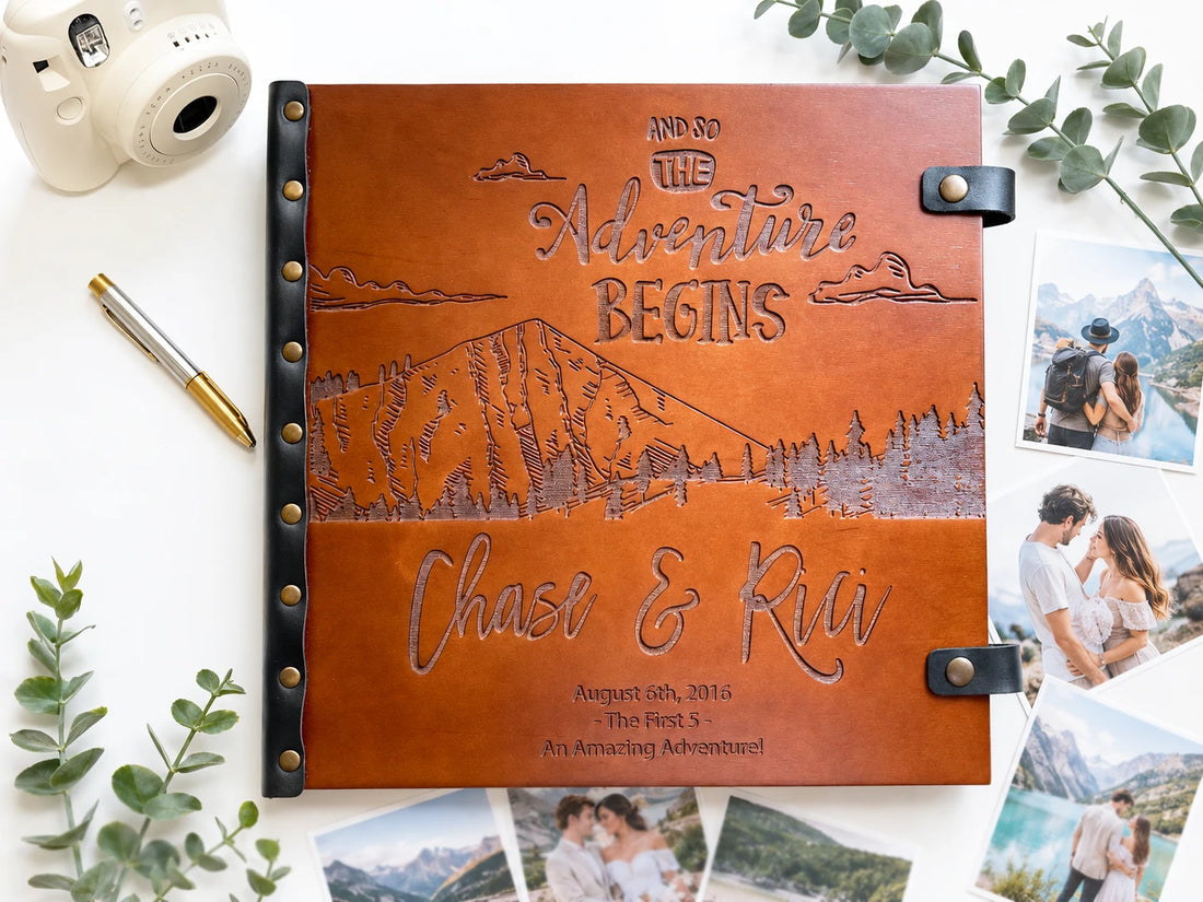 mountain adventure photo album engraved with mountain range and names
