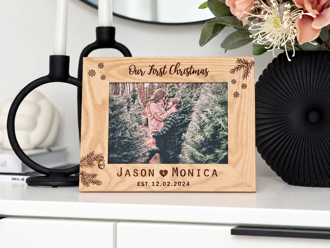Our First Christmas picture frame in oak with engraved pine, snowflakes, names and date