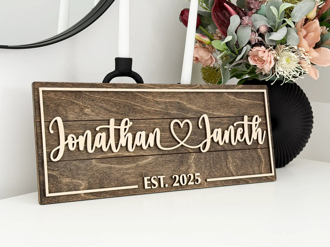 Personalized 3D wooden sign with names Jonathan and Janeth connected by a heart and established date 2025.