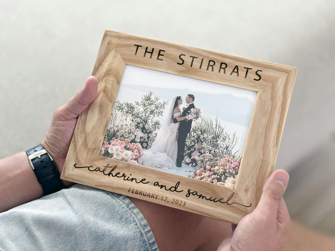 Personalized 5th anniversary solid oak picture frame with engraved family name, names and date
