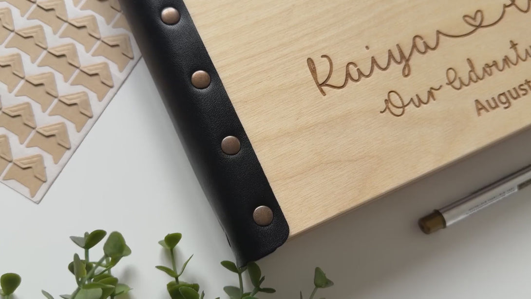video of personalized beach vacation photo album with engraved sunglasses design on natural wood