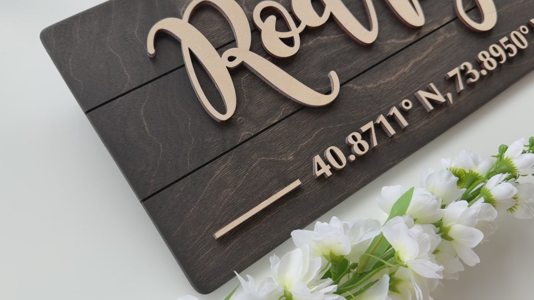 3D raised letters on personalized coordinates sign Baltic Birch