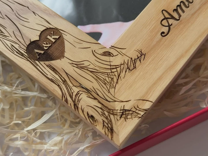 Personalized engraved wooden wedding frame in a gift box. Features custom names, dates, and a rustic tree design on 100% natural oak.
