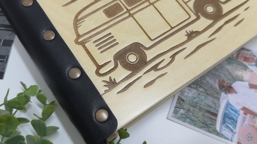 personalized camper van photo album with engraved sunset and names