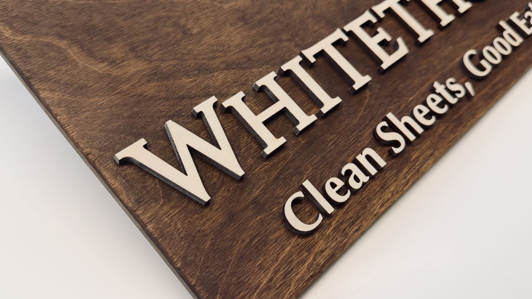 Personalized inn hotel sign with monogram wreath and block letters walnut wood

