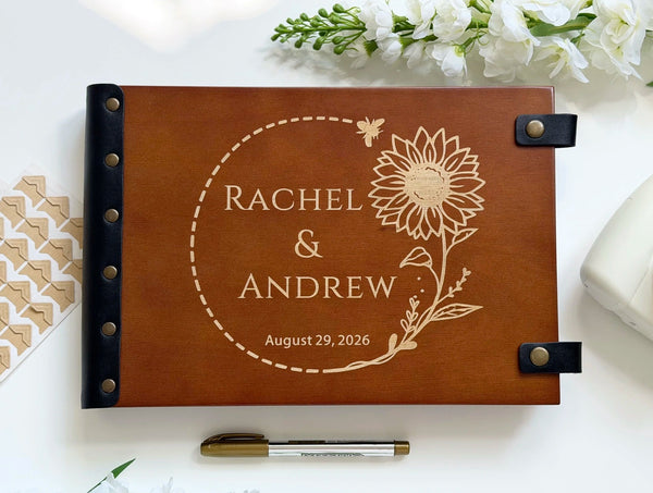 Sunflower wedding photo album with engraved sunflower wreath and names