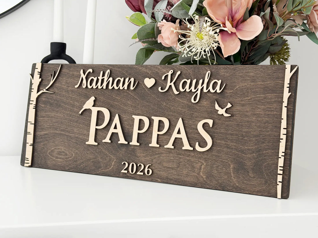 Personalized birch tree family name sign 3D wood with birds and names