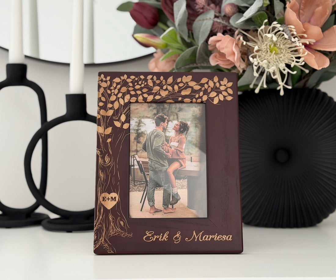 Dark walnut wedding picture frame with engraved tree and initials in a heart