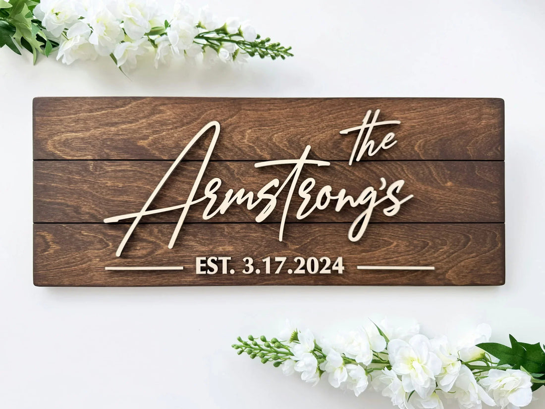 Personalized wooden family name sign with raised white letters and established date